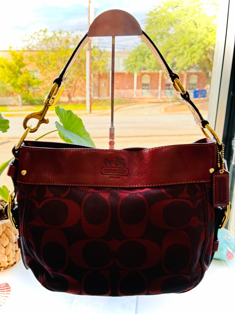 Coach Zoe Burgundy Signature Shoulder Bag with Gold Hardware